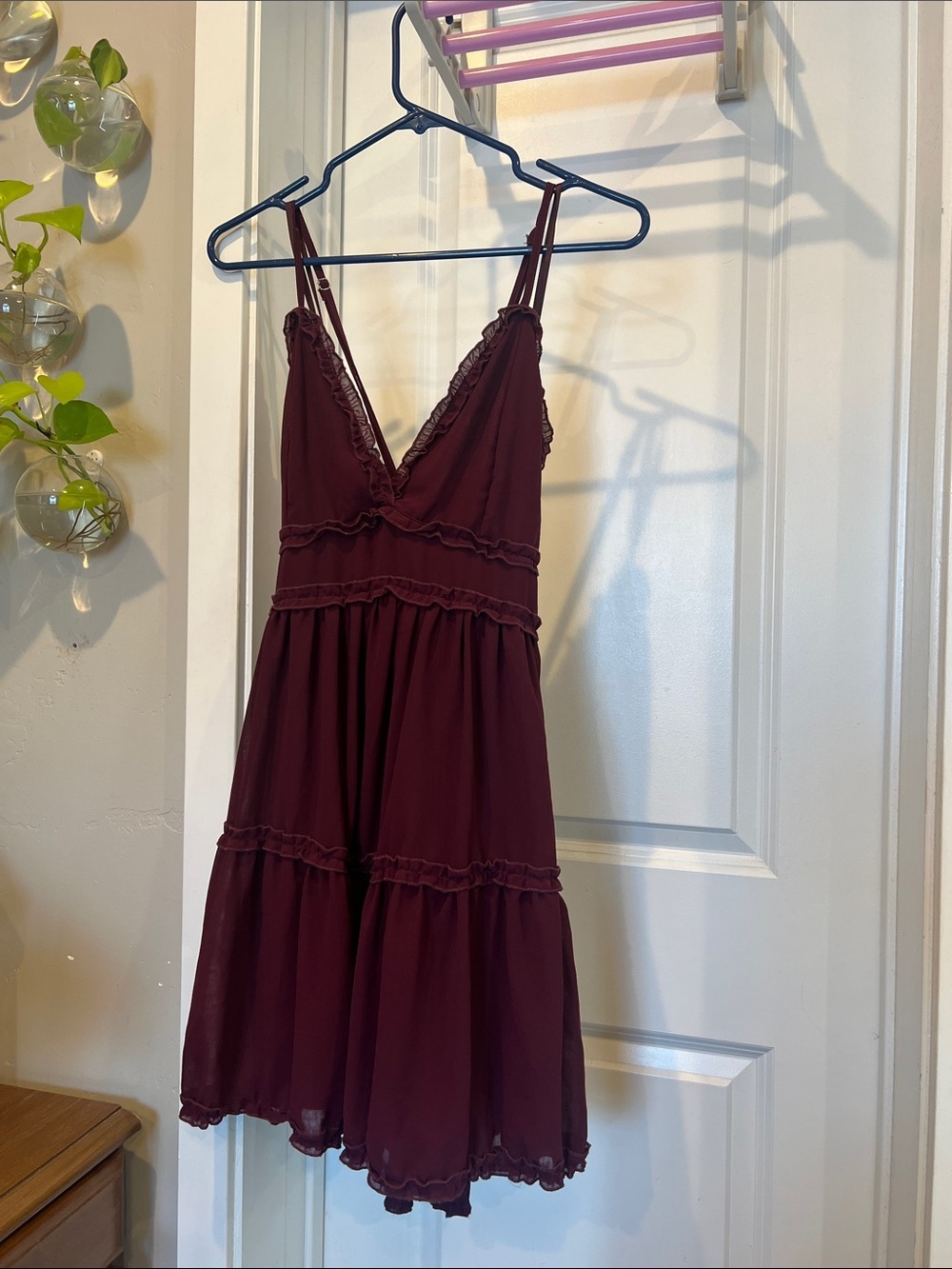 Burgundy Ruffle-Trim V-Neck Mini Dress